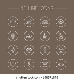 Set Of 16 Relatives Outline Icons Set.Collection Of Parents, Care, Skipping Rope And Other Elements.