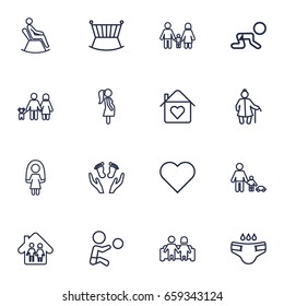 Set Of 16 Relatives Outline Icons Set.Collection Of Playing, Grangmother, Crib And Other Elements.