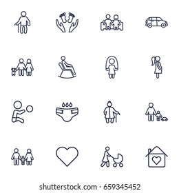 Set Of 16 Relatives Outline Icons Set.Collection Of Playing, Skipping Rope, Man In Armchair And Other Elements.