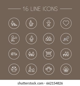 Set Of 16 Relatives Outline Icons Set.Collection Of Stroller, Lovers, Diaper And Other Elements.