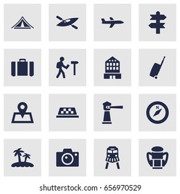 Set Of 16 Relax Icons Set.Collection Of Cab, Photo Apparatus, Baggage And Other Elements.