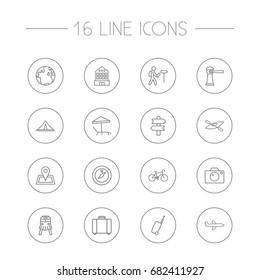Set Of 16 Relax Outline Icons Set.Collection Of Building, Bag, Globe And Other Elements.