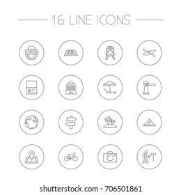 Set Of 16 Relax Outline Icons Set.Collection Of Pin, Boat, Awning And Other Elements.