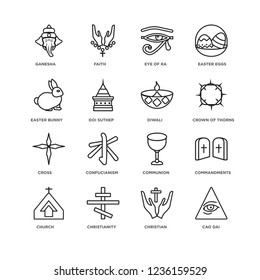 Set Of 16 religion linear icons such as Cao dai, Christian, Christianity, Church, Commandments, Ganesha, Easter bunny, Cross, Diwali, editable stroke icon pack, pixel perfect