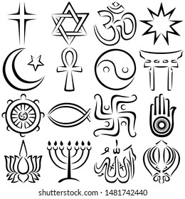 Set of 16 religious symbols executed in line art.