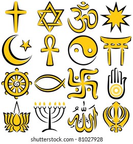 Set of 16 religious symbols executed in line art.