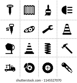 Set of 16 repair filled icons such as tire, spring, tow truck, break, front car light, hight beem light, cone barrier, roof, nail, wrench, hammer, stationery knife