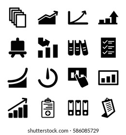 Set of 16 report filled icons such as board, graph, paper, clipboard, medical clipboard, binder, stopwatch camera, checklist, hand on graph