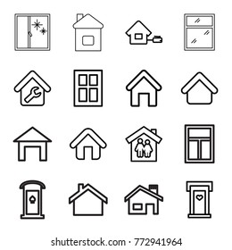 Set of 16 residence outline icons such as house building, door with heart, window, family house, home