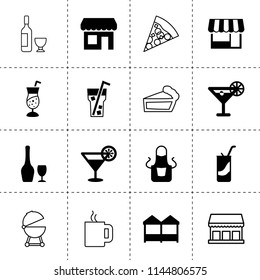 Set of 16 restaurant filled and outline icons such as apron, cocktail, store, cocktail, soda, wine, coffee, pizza, piece of cake, barbecue