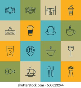 Set Of 16 Restaurant Icons. Includes Soda Drink, Coffee Cup, Cutlery And Other Symbols. Beautiful Design Elements.