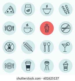Set Of 16 Restaurant Icons. Includes Grill, Restroom, Meal Hour And Other Symbols. Beautiful Design Elements.