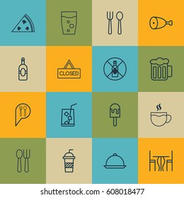 Set Of 16 Restaurant Icons. Includes Soda, Lolly, Eating House And Other Symbols. Beautiful Design Elements.