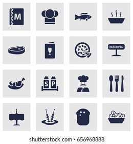 Set Of 16 Restaurant Icons Set.Collection Of Book, Canape, Tuna And Other Elements.