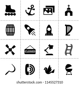 Set of 16 retro filled icons such as sickle, windmill, barrel, table lamp, rocket, call, harp, filmstrip, bird, barbecue, closed, anchor, picture, skate