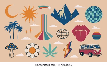 Satz von 16 Retro-Groovy-Symbolen. Palmen, Berge, Regenbogen, Diskokugel, Sonne, Frauenlippen, Cannabis, Blume, Pilze. Vintage psychedelische Design-Elemente. Druck für T-Shirt. Vektorgrafik