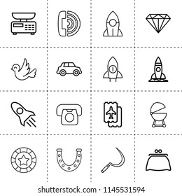 Set of 16 retro outline icons such as sickle, horseshoe, car, rocket, ticket, call, desk phone, casino chip, bird, barbecue, kitchen scale, purse