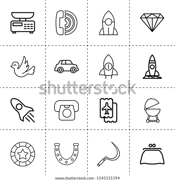 Set of 16 retro outline icons such as\
sickle, horseshoe, car, rocket, ticket, call, desk phone, casino\
chip, bird, barbecue, kitchen scale,\
purse