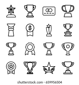 Set of 16 reward outline icons such as credit card, trophy, 1st place star, medal, star trophy