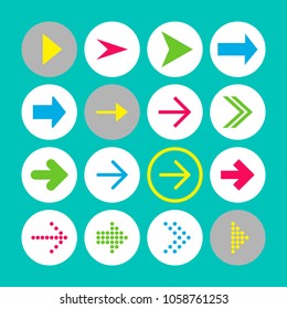 Set of 16 rigth arrow icons. Arrow buttons on turquoise background in white, gray and transparent circles for web-design, applications and other. Vector illustration, EPS10.