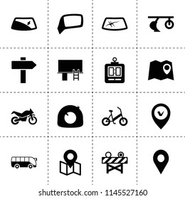 Set Of 16 Road Filled Icons Such As Plow, Tire Repair, Car Window Repair, Window Repair, Car Mirror, Map With Pin, Road Barrier, Bus, Map Location, Billboard, Motorcycle