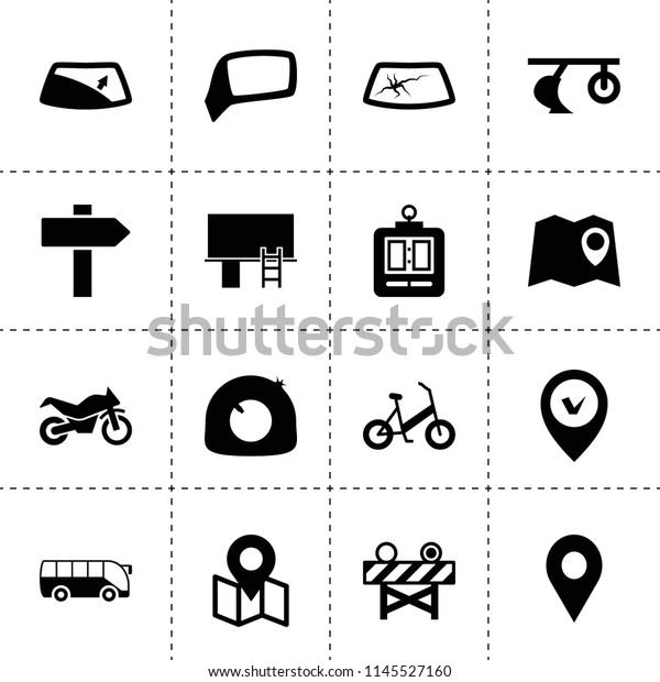 Set of 16 road filled\
icons such as plow, tire repair, car window repair, window repair,\
car mirror, map with pin, road barrier, bus, map location,\
billboard, motorcycle