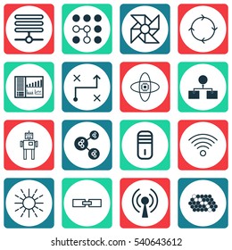Set Of 16 Robotics Icons. Includes Analysis Diagram, Radio Waves, Lightness Mode And Other Symbols. Beautiful Design Elements.