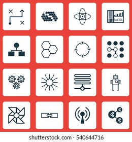 Set Of 16 Robotics Icons. Includes Hive Pattern, Mechanism Parts, Analysis Diagram And Other Symbols. Beautiful Design Elements.