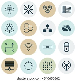 Set Of 16 Robotics Icons. Includes Laptop Ventilator, Mainframe, Wireless Communications And Other Symbols. Beautiful Design Elements.