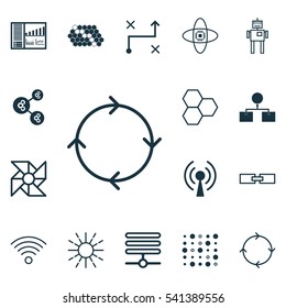 Set Of 16 Robotics Icons. Includes Analysis Diagram, Controlling Board, Variable Architecture And Other Symbols. Beautiful Design Elements.