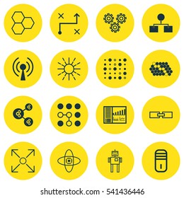 Set Of 16 Robotics Icons. Includes Cyborg, Branching Program, Information Components And Other Symbols. Beautiful Design Elements.
