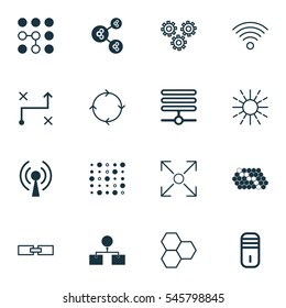 Set Of 16 Robotics Icons. Includes Algorithm Illustration, Analysis Diagram, Lightness Mode And Other Symbols. Beautiful Design Elements.