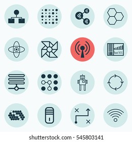 Set Of 16 Robotics Icons. Includes Information Components, Atomic Cpu, Wireless Communications And Other Symbols. Beautiful Design Elements.