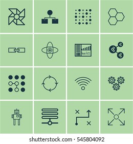 Set Of 16 Robotics Icons. Includes Cyborg, Variable Architecture, Branching Program And Other Symbols. Beautiful Design Elements.