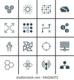 Set Of 16 Robotics Icons. Includes Algorithm Illustration, Solution, Laptop Ventilator And Other Symbols. Beautiful Design Elements.