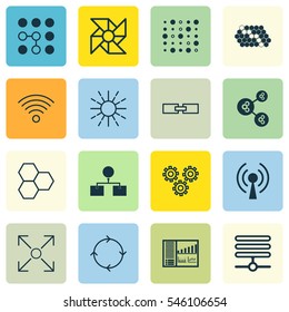 Set Of 16 Robotics Icons. Includes Recurring Program, Lightness Mode, Wireless Communications And Other Symbols. Beautiful Design Elements.