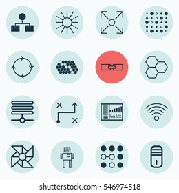Set Of 16 Robotics Icons. Includes Mainframe, Computing Problems, Recurring Program And Other Symbols. Beautiful Design Elements.