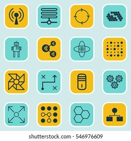 Set Of 16 Robotics Icons. Includes Mechanism Parts, Information Base, Algorithm Illustration And Other Symbols. Beautiful Design Elements.