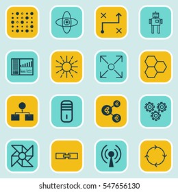 Set Of 16 Robotics Icons. Includes Algorithm Illustration, Recurring Program, Mainframe And Other Symbols. Beautiful Design Elements.
