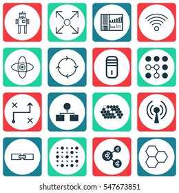 Set Of 16 Robotics Icons. Includes Related Information, Radio Waves, Mainframe And Other Symbols. Beautiful Design Elements.