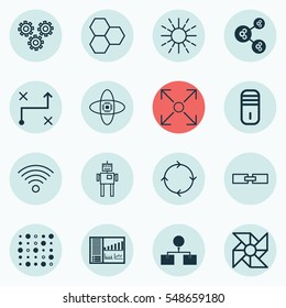 Set Of 16 Robotics Icons. Includes Recurring Program, Branching Program, Laptop Ventilator And Other Symbols. Beautiful Design Elements.