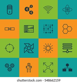 Set Of 16 Robotics Icons. Includes Analysis Diagram, Cyborg, Variable Architecture And Other Symbols. Beautiful Design Elements.