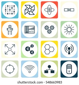 Set Of 16 Robotics Icons. Includes Recurring Program, Mechanism Parts, Laptop Ventilator And Other Symbols. Beautiful Design Elements.