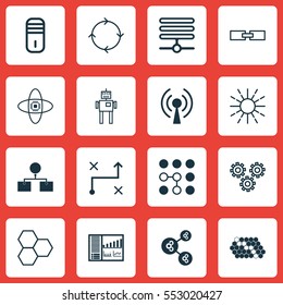 Set Of 16 Robotics Icons. Includes Radio Waves, Hive Pattern, Computing Problems And Other Symbols. Beautiful Design Elements.