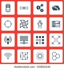 Set Of 16 Robotics Icons. Includes Variable Architecture, Computing Problems, Recurring Program And Other Symbols. Beautiful Design Elements.