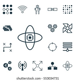 Set Of 16 Robotics Icons. Includes Information Base, Branching Program, Analysis Diagram And Other Symbols. Beautiful Design Elements.