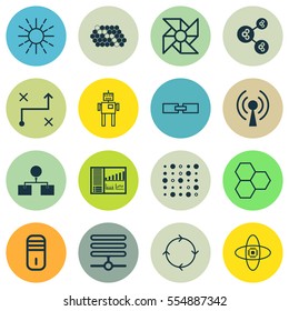 Set Of 16 Robotics Icons. Includes Information Components, Recurring Program, Variable Architecture And Other Symbols. Beautiful Design Elements.