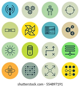 Set Of 16 Robotics Icons. Includes Mechanism Parts, Algorithm Illustration, Computing Problems And Other Symbols. Beautiful Design Elements.