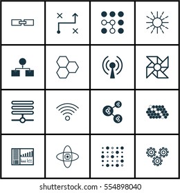 Set Of 16 Robotics Icons. Includes Variable Architecture, Information Components, Analysis Diagram And Other Symbols. Beautiful Design Elements.