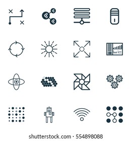 Set Of 16 Robotics Icons. Includes Solution, Lightness Mode, Variable Architecture And Other Symbols. Beautiful Design Elements.